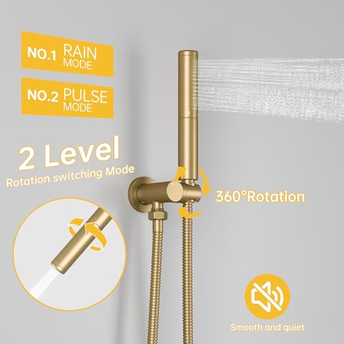 Image of BESy Shower System with 10 Inch Round Rain Shower Head and Handheld Wall Mounted, High Pressure Rainfall Shower Faucet Fixture Combo Set with 2 in 1 Handheld Showerhead for Bathroom, Brushed Gold