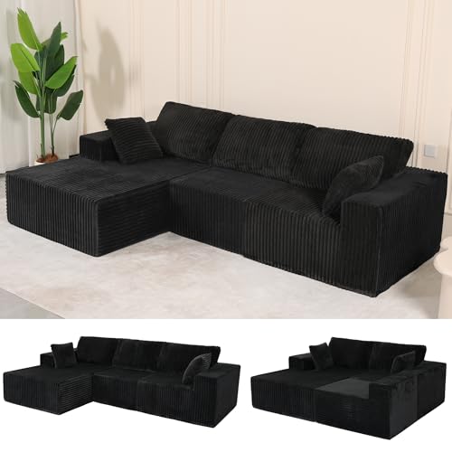 Image of L Shaped Modular Boneless Sectional Couches for Living Room, Wide Armrest, Deep Seat, Memory Foam, Assembly Free, Modern Comfy Corduroy Fluffy Cloud Sofa with Left Chaise, Black