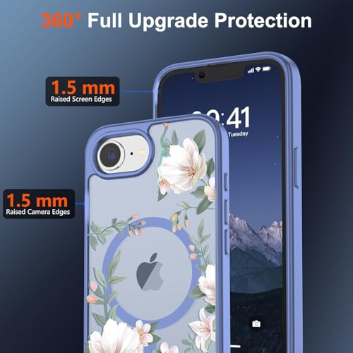 Image of VONZEE Compatible with iPhone 17e / iPhone 16e /SE4 Case, Luxury Retro Flowers Floral Clear for Magnetic Wireless Charging Case Shockproof PC+TPU Cute Glossy Shiny Cover for Girls Women, Official Blue