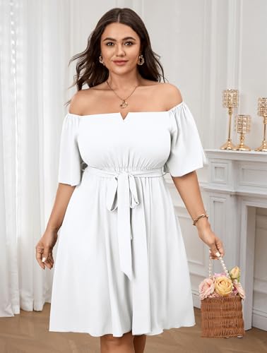 Image of SCOMCHIC Womens Plus Size Cocktail Dress Summer Off Shoulder Short Sleeve Flowy Ruffle A-Line Cute Mini Dress with Belt