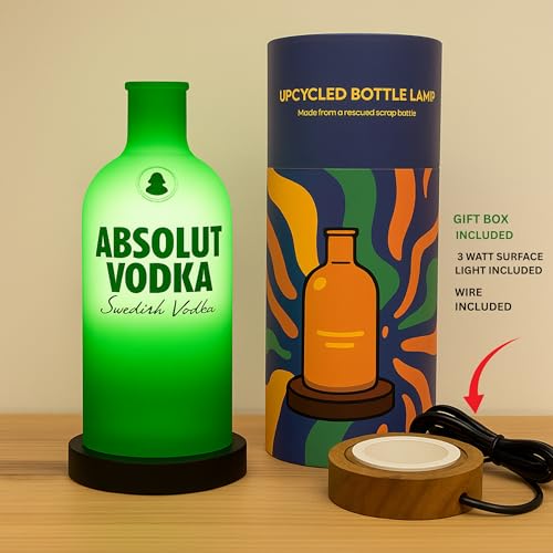 Image of Upcycled Vodka Decorative Bottle Lamp with Wooden Base & Built-in LED Light | Stylish Home & Bar Decor (Green)