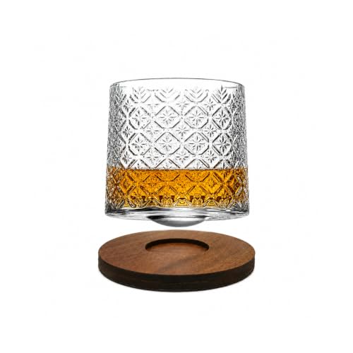Image of Spinny Whiskey Glasses Set | Rotatable Heavy Base Tumbler Glass Cups, Glasses with Coasters | Perfect for Scotch, Bourbon, Juice, Water, Cocktails (190 ml - 1 Pc Glass Design E with Coaster)