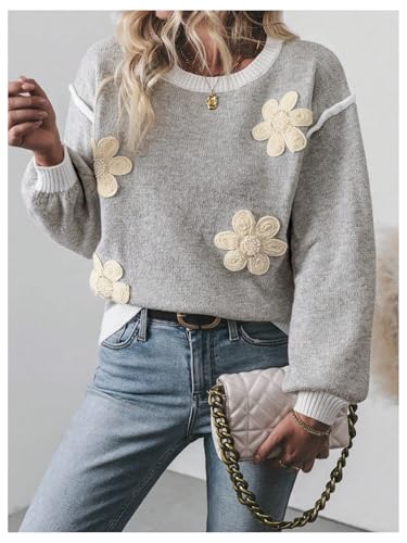 Image of RoseSeek Women's 3D Floral Appliques Crewneck Sweaters Long Sleeve Drop Shoulder Pullovers Elegant Knit Tops