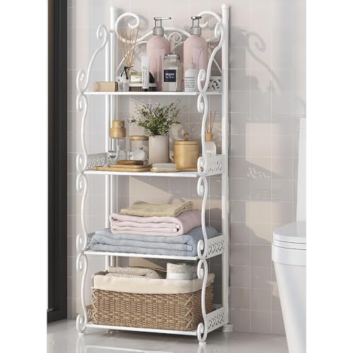 Sailozai 鉄製バスルーム多層収納ラック床置きトイレ洗面台ラックキッチン折りたたみ式収納ラック (ホワイト,4層)