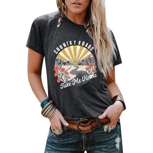 Country Music Shirts for Women Country Roads Take Me Home Shirt Vintage Western Short Sleeve Tees Top