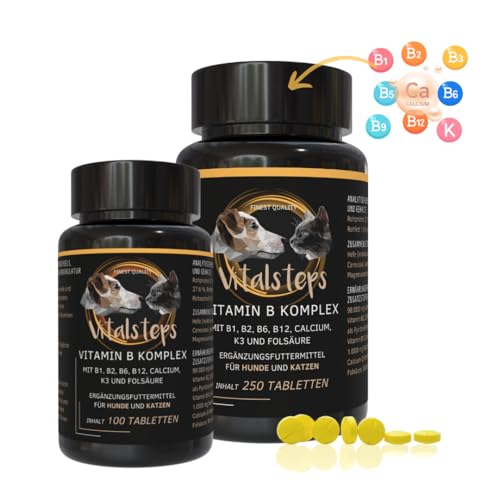 Vitalsteps Vitamin B Komplex | B1, B2, B3, B5, B6, B9, B12, Calcium, Folsäure und Vitamin K für Hund u. Katze ca. 250 Tabletten