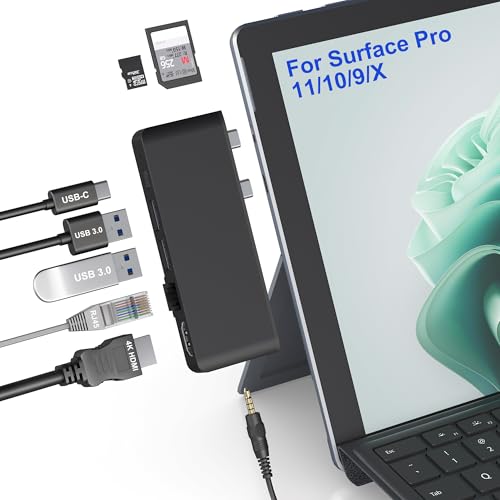 Surface Pro 13/11/10/9 Hub Docking Station with 4K HDMI Thunerbolt 4(8K Video+40Gbps+100W PD) 100M Ethernet USB 3.0 3.5mm Audio SD/TF Card Slot - USB C Hub Adapter for Surface Pro 11/Pro 10/Pro 9