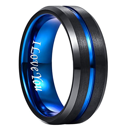 NUNCAD Ring Herren Damen Schwarz Blau Wolfram Unisex Ring Partner Schwarzer Hochzeitsring Verlobungsring Graviert I Love You Größe 58