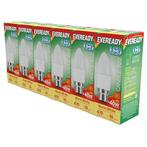 Eveready LED B22 Candle Bulb 4.9W Replaces 40W Warm White (3000k) 470 Lumens Non-Dimmable Light Bulb. 6 Pack.