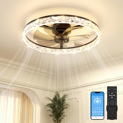 Image of VOLISUN Low Profile Ceiling Fan with Lights and Remote, No Assembly, 24in Modern Ceiling Fans Flush Mount, 3000K-6500K Dimmable Bladeless LED Fan Light, Black Fandelier Ceiling Fans for Bedroom