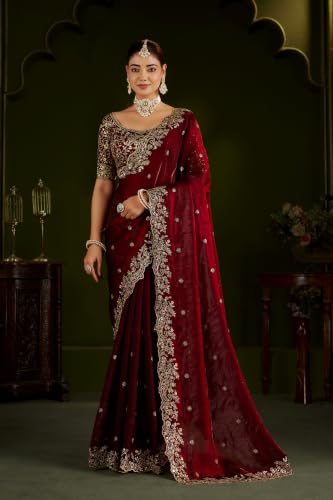 Image of DESTY Saree with Intricate Gold Embroidered Border & Designer Blouse