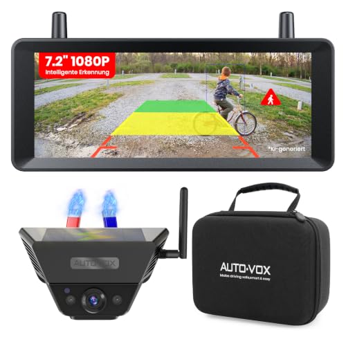 AUTO-VOX Rückfahrkamera Kabellos Solar mit KI-Warnungen:1-Min Magnetmontage