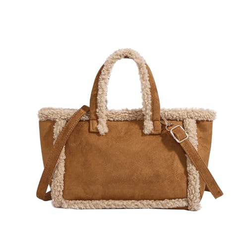 Faux Fur Shoulder Bag for Women Vintage Chic Plush Tote Fleece Large Capacity Fashion Fuzzy Handbag Crossbody Purse (Brown)