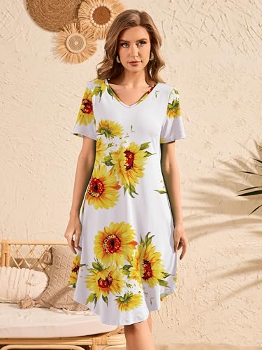 Image of DEARCASE Women's Short Sleeve Casual Sweater Tunic Dress V-Neck Loose Boho Knee Length Fall Summer Petite Stretch A-Line Wedding Guest Flowy Swing Church Tshirt Dresses Sunflower White XX-Large