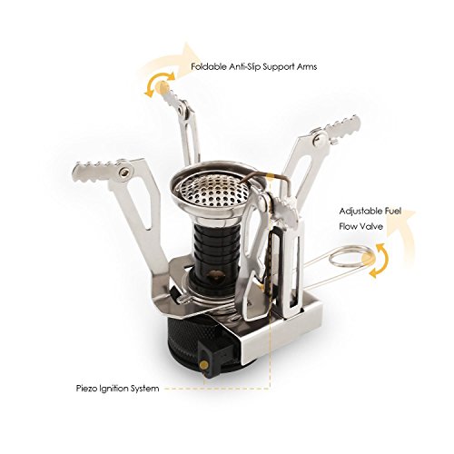 Petforu Camping Stoves, Outdoor Camping Hiking Backpacking Picnic Cookware Cooking Tool Set Pot Pan & Piezo Ignition Canister Stove & Aluminum Portable Foldable Stove Cooker Windscreen