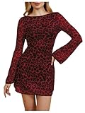 MakeMeChic Women's Leopard Print Dress Y2k Backless Mesh Bell Sleeve Mini Cheetah Print Dress Red Small