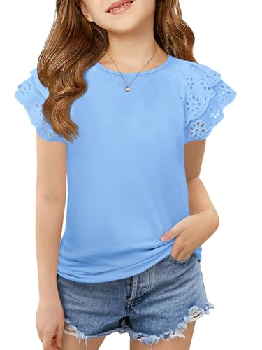 Image of Haloumoning Girls Ruffle Sleeve T Shirts Summer Short Sleeve Casual Cute Crewneck Tops Tees 5-14 Years