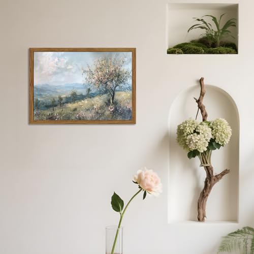 Image of Cottage Core Wall Art Vintage Cottagecore Wall Decor Pictures Blue Nature Country Landscape Poster Painting Canvas Print for Bedroom Living Room Farmhouse 16x12 inch Wood Framed