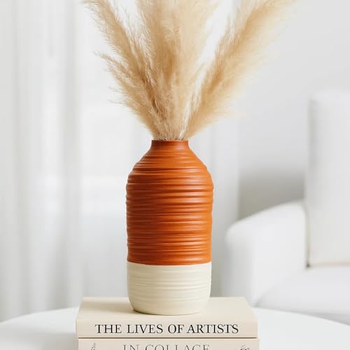 Image of Sphinx Decorative Ceramic Vase, Flower Vase, Pampas Grass Vase, Ceramic vase for Living Room,Ceramic vases for Home Decoration (Ribbed Cylindrical - 9 Inch