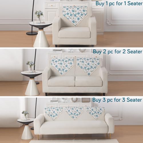 Image of HOKIPO Cerulean Bloom Quilted Sofa Backrest Cover Mat| 'Tassel Twigs' Series (IN-988-T6)