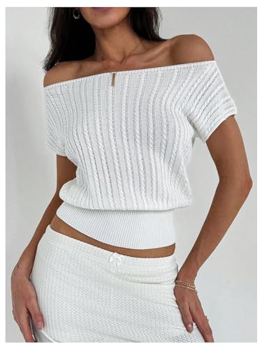 WDIRARA Women's Off Shoulder Textured Short Sleeve Fitted Waist Knitted Top4