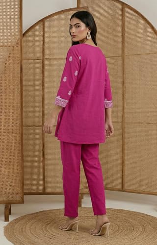 Image of Women's Pure Cotton Kurta Sets for Woman, Schiffli Embroidered Co ord Set for Women Stylish, Kurti Set for Woman, Ethnic Short Kurti and Pant Set