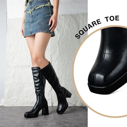 Putu Platform Knee High Boots for Women GoGo Boots with Square Toe Chunky Block Tall Boots3