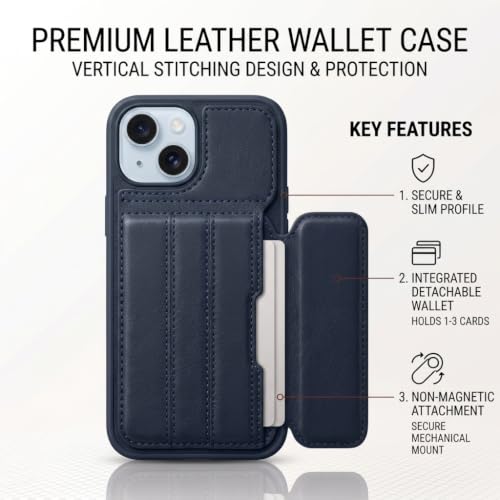 Image of amazon basics Luxury Vegan Leather Back Cover for iPhone 15 | Built-in Card Holder Slot | Integrated Mobile Stand | Slim Shockproof Protective Case with Stitched Finish - Blue
