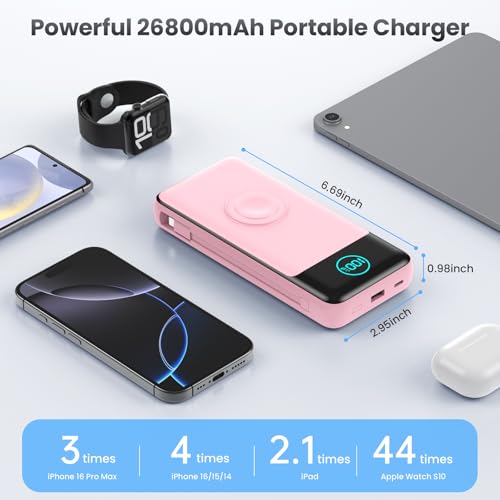 Image of Portable Charger for iPhone with Built-in Cables and AC Wall Plug,26800mah Fast Charging USB C Power Bank,25W PD Travel Essential Battery Pack for iPhone 17 /16 /15 /14 /13,Galaxy,Apple Watch (Pink)