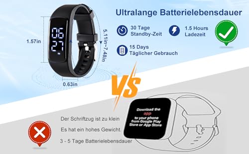 Ohne Handyverbindung, EPERSU IP68 wasserdichte Schrittzähler Uhr, Fitness Tracker Armband Kalorienzähler für Erwachsene, Kinder, Männer, Frauen, ohne App, ohne Bluetooth, für Sauna & Schwimmen – Bild 6