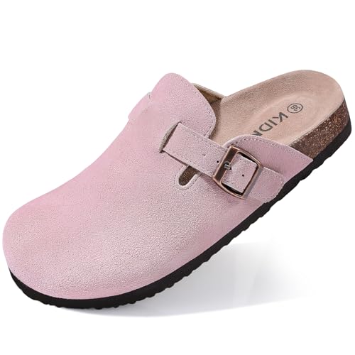 KIDMI Women's Genuine Suede Clogs Cork Footbed Sandals Leather Mules Potato Shoes with Arch Support Pink 40 (Size 8.5)