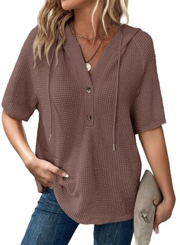 Image of Dokotoo Womens Summer Tops Waffle Knit Short Sleeve Lightweight Drawstring Hoodies Button V Neck Casual Blouses Shirts