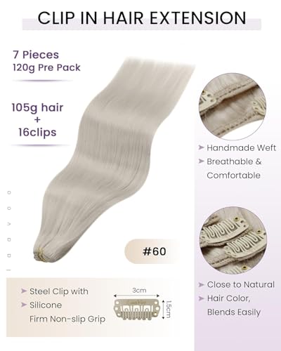 Image of LaaVoo Human Hair Clip In Extensions, For Quick Volume, 14 Inch | Cool Toned Platinum Blonde, 120g 7pcs, Clip In Hair Extensions Real Human Hair, Soft, Thick Full