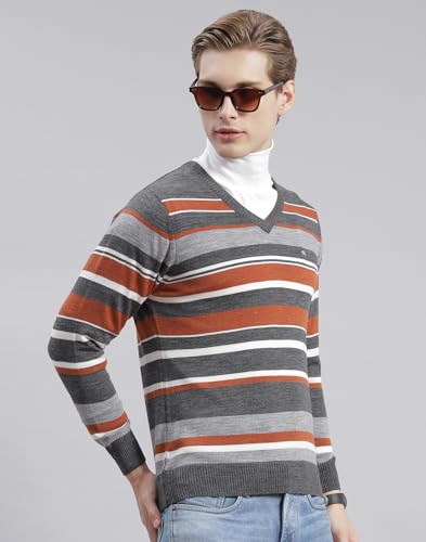 Image of Monte Carlo Royal Blue Striped V Neck Pullover | Warm Woolen Pullover for Men | Soft Comfortable Knitted Winter Wear Sweater for Men's
