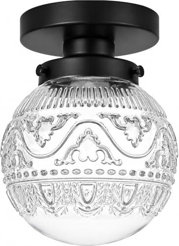 Daunton Semi Flush Mount Ceiling Light Fixtures, Vintage Globe Glass Ceiling Light Fixture, Antique Small Black Hallway Light Fixtures for Bedroom, Closet, Entryway, Bathroom, Kitchen