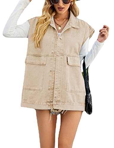 Image of PAODIKUAI Women's Oversized Denim Vest - Sleeveless Distressed Jean Vest with Pockets for Casual Layering