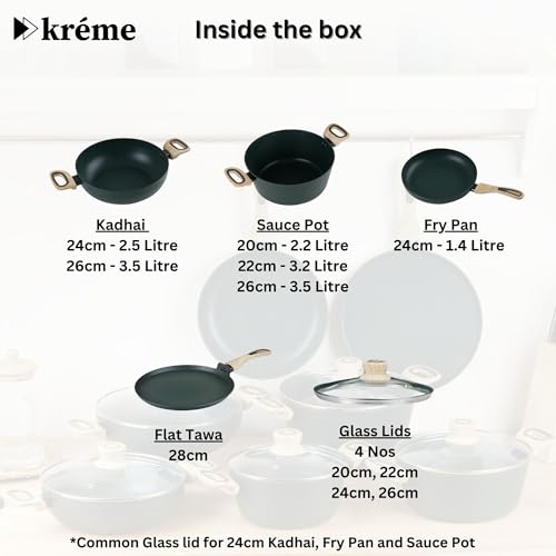 Image of Kreme Venetia Premium Series Granite Non-Stick 11 Pc Cookware Set | Kadai, Frypan, Dosa Tawa and Sauce Pot with Lid | Granite Coating | Induction & Gas Stove Use | Healthy Low-Oil Cooking, Green