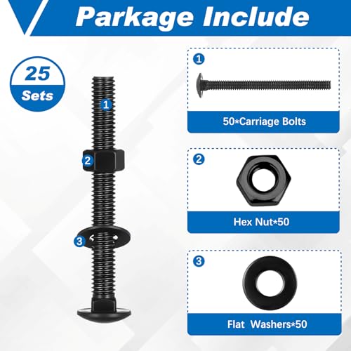 Image of Zonon 25 Sets 3 /8-16 x 3-1 /2 Stainless Steel Carriage Bolts and Nuts Kit Round Head Square Neck Carriage Bolts Screws and Hex Nuts and Flat Washers, Stainless 18-8 Full Thread Coverage (Black)