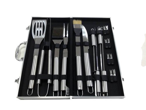 Juego De Herramientas Para Asar A La Parrilla, Con Estuche De Aluminio, 18 Utensilios De Acero Inoxidable, Material: Aleación De Aluminio, Material De La Caja: Aleación De Aluminio