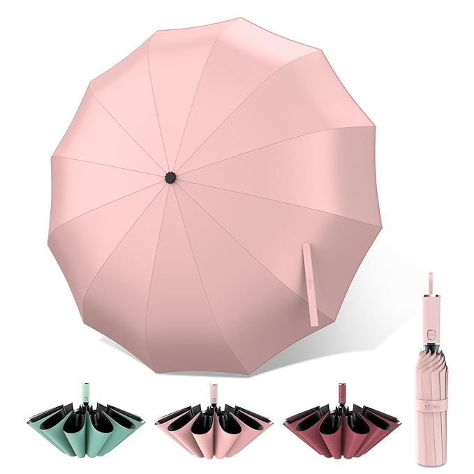Folding Travel Umbrella with Handle, Pink, Windproof Outdoor Use Umbrella for Men, UV Coated Umbrella for Rain with Auto Open and Close, 3 Folding Travel Umbrella Winndproof for Man, Women, Girls, Boys-image-15