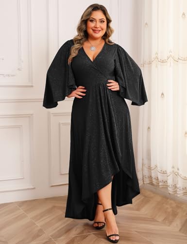 ZOMVA Plus Size 0X-4X Sparkly Glitter Formal Maxi A Line Dress Sparkle Wrap Handkerchief Sleeve Prom Cocktail Evening Gown2