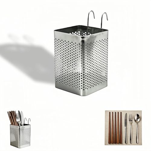 Yayaboqu Stainless Steel Utensil Holder with Hooks Perforated Chopstick Basket Organizer Wall Mounted or Countertop Silverware Caddy 3.94 x 2.76 Inch