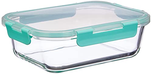 Image of Amazon Brand - Solimo Glass Storage Containers with Break-Free, Detachable Locks, Airtight, Leakproof, Microwave-Safe, Oven-Safe, Freezer-Safe, Set of 2, Rectangle (370 + 600 ml) | Transparent