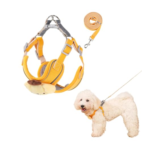 犬の散歩牽引ロープ新型猫の胸の背中式牽引ロープ付き体輪反射ベスト首輪バンド首を絞らない散歩セット振り切れ防止キャラクターペット牽引ロープサイズ調節小型犬牽引ロープ外出犬の散歩ロープ軽量落下しない馬の甲の柔らかい胸当てストレッチ防止温和な抱擁体輪 (黄色い犬