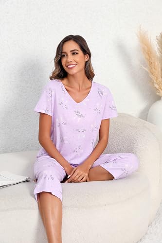 Image of PNAEONG Women Pajama Set Sleepwear Tops with Capri Pants Casual and Fun Prints Pajama Sets