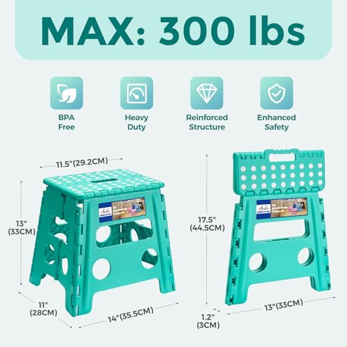 Image of ACKO Folding Step Stool 13 Inch, Sturdy Collapsible Step Stool Foldable Up to 300 lbs for Adults, Non Slip Lightweight Foot Stools with Handle, Ideal for Kitchen, Bathroom, Bedroom, Garden, Teal