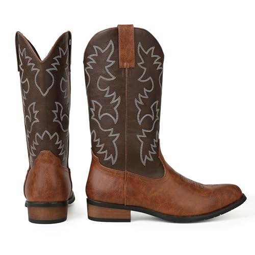 Image of femflame Cowboy Boots for Men Round Toe Distressed Work boots Embroidered Western Boots Traditional Country Boot