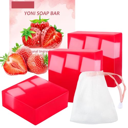 Image of 3 Pcs Yoni Soap Bar, Feminine Wash with Foaming Net, Yoni Wash For Women PH Balance, Natural Ingredients Vaginal Care Soap Bars, Eliminates Odor, 3.53 oz (Strawberry)