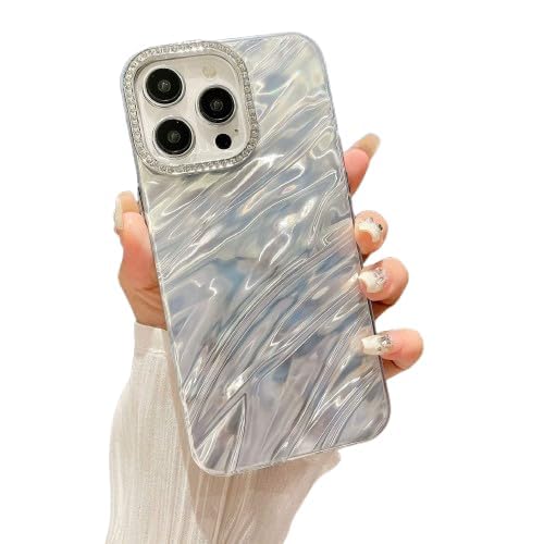 DIZORO® Compatible with iPhone 15 Pro Max Case | Marble Glossy Hard PC Back Cover with Diamond Camera Protector | Ultra Stylish Shockproof Back Cover Case for Girls Women-Sky