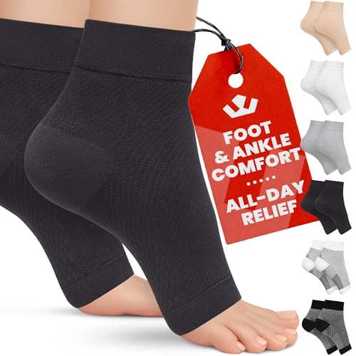 KEMFORD Ankle Compression Sleeve - 1-Pair, Plantar Fasciitis Braces - Open Toe Compression Socks for Swelling, Sprain, Neuropathy, Foot Arch Support for Men and Women - 20-30mmhg, M, Black